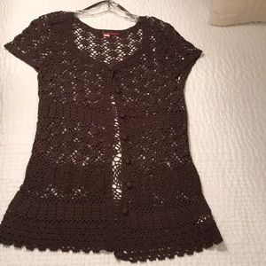 Brown “tape measure” crocheted cardigan